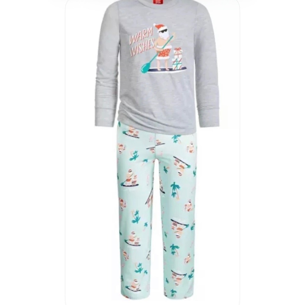 Kids Holiday Christmas Pajama Set Warm Wishes Santa 2-Piece Gray Green 6-7